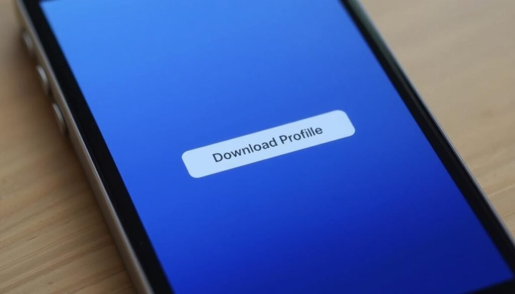 A smartphone screen displaying the iOS software download profile interface, with a clean, minimalist design in shades of blue and grey. The screen shows a "Download Profile" button prominently displayed, inviting the user to initiate the beta software installation process. The background is slightly blurred, creating a sense of focus on the central device and its interaction. The overall scene conveys a professional, technical atmosphere suitable for guiding users through the iOS beta software update.