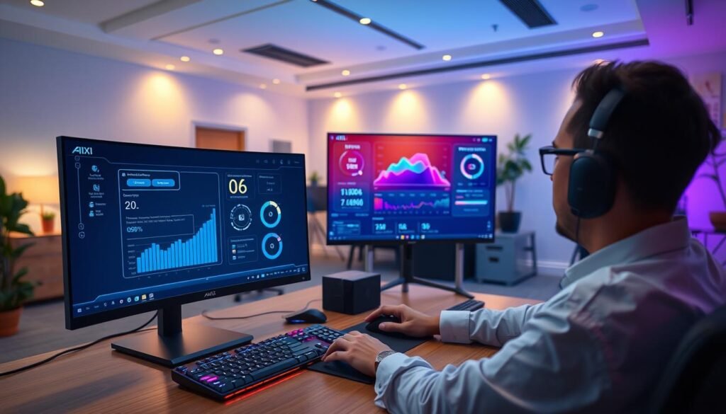 A spacious and modern workspace featuring a premium desktop computer setup, showcasing a sleek ultrawide monitor, high-end keyboard, and mouse with RGB lighting. In the foreground, a focused professional in smart casual attire is seen adjusting settings on the computer. The middle ground highlights the vibrant monitor displaying a visually engaging software interface for AI overclocking, with dynamic graphs and metrics. The background features a stylish office environment with soft ambient lighting and minimalistic decor, conveying an atmosphere of innovation and productivity. A warm color palette with soft shadows creates an inviting mood, emphasizing the technology and the user’s engagement with the advanced tools at hand. A spacious and modern workspace featuring a premium desktop computer setup, showcasing a sleek ultrawide monitor, high-end keyboard, and mouse with RGB lighting. In the foreground, a focused professional in smart casual attire is seen adjusting settings on the computer. The middle ground highlights the vibrant monitor displaying a visually engaging software interface for AI overclocking, with dynamic graphs and metrics. The background features a stylish office environment with soft ambient lighting and minimalistic decor, conveying an atmosphere of innovation and productivity. A warm color palette with soft shadows creates an inviting mood, emphasizing the technology and the user’s engagement with the advanced tools at hand.
