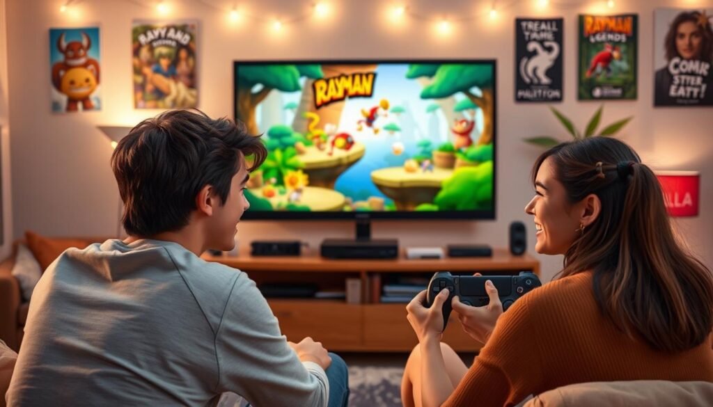 A vibrant and colorful scene depicting characters from "Rayman Legends" engaging in co-op gameplay on a PlayStation console. In the foreground, two players, a young adult male and female, are intensely focused on the screen, with joyful expressions on their faces. They are casually dressed in comfortable, modest clothing. The middle ground features an animated TV screen showcasing a lively level from the game, with Rayman and his friends dodging obstacles in a whimsical, fantastical landscape full of bouncing creatures and lush foliage. The background includes a cozy living room setting, adorned with game posters and ambient lighting creating a warm, inviting atmosphere. The image captures the excitement and camaraderie of co-op gaming, highlighting both the adventure and joy of playing together.