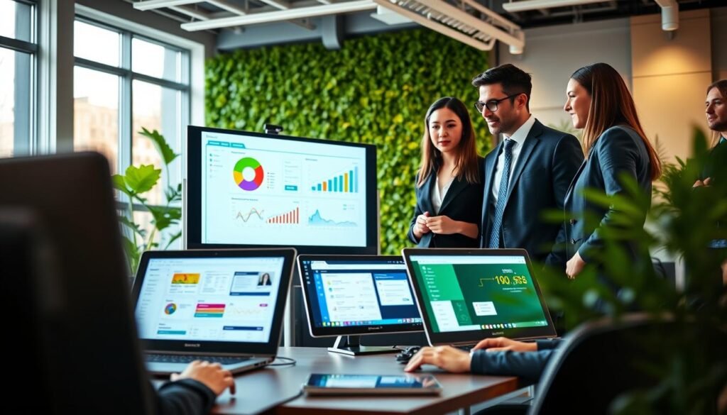 A vibrant, modern office setting showcasing various types of software interfaces on laptops and digital devices. In the foreground, a diverse group of three business professionals, dressed in smart casual attire, are engaged in discussion around a large touchscreen monitor displaying colorful charts and graphs. In the middle ground, there are multiple displays showing different software types, such as project management tools, accounting software, and customer relationship management systems, all illuminated by soft, natural lighting. In the background, sleek office furniture and greenery create a fresh, inspiring atmosphere. The scene conveys a sense of collaboration and innovation, emphasizing the importance of technology in business success. The angle is slightly downward, providing a comprehensive view of the workspace while keeping the focus on the professionals and their digital tools.