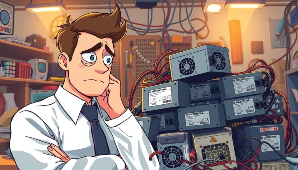 A visually striking illustration depicting the common mistakes in choosing a Power Supply Unit (PSU). In the foreground, a confused individual, dressed in professional attire, examines a pile of PSUs with various wattage ratings. Their expression shows frustration, symbolizing the common errors faced. In the middle, the PSUs are diverse in design, showcasing labels with incorrect specifications and mismatched connectors. The background features a softly lit workspace cluttered with tools, wires, and computer components, emphasizing a technical environment. The scene is illuminated with warm overhead lighting to create a focused, thoughtful atmosphere, capturing the essence of learning from mistakes in PSU selection. The angle is slightly tilted to add a dynamic feel, evoking a sense of urgency and importance. A visually striking illustration depicting the common mistakes in choosing a Power Supply Unit (PSU). In the foreground, a confused individual, dressed in professional attire, examines a pile of PSUs with various wattage ratings. Their expression shows frustration, symbolizing the common errors faced. In the middle, the PSUs are diverse in design, showcasing labels with incorrect specifications and mismatched connectors. The background features a softly lit workspace cluttered with tools, wires, and computer components, emphasizing a technical environment. The scene is illuminated with warm overhead lighting to create a focused, thoughtful atmosphere, capturing the essence of learning from mistakes in PSU selection. The angle is slightly tilted to add a dynamic feel, evoking a sense of urgency and importance.