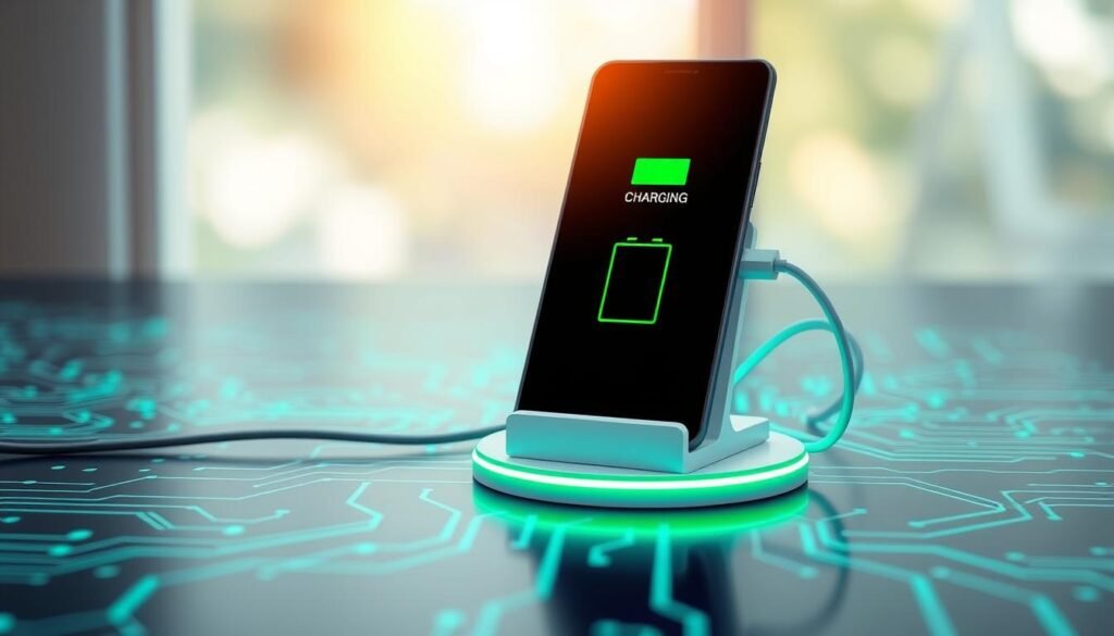 A visually striking image depicting the concept of "Threshold Charging" in Android technology. In the foreground, showcase an Android smartphone displaying a battery icon with a green energy symbol, indicating optimized charging. The middle ground features a sleek, modern charging station with cables that elegantly curl around it, emphasizing a seamless connection to the phone. The background portrays a soft-focus tech-inspired environment with circuit patterns glowing in subtle shades of blue and green. Natural lighting filters through, creating a clean and refreshing atmosphere. The entire scene should evoke a sense of innovation and efficiency, suitable for a tech article on battery health advancements.