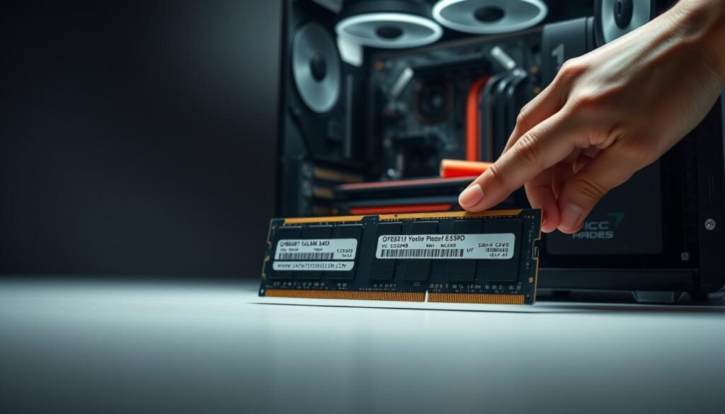 A well-lit, minimalist scene showing a desktop computer setup with an open case, highlighting the RAM modules. The foreground features a pair of hands carefully adjusting the RAM heatsinks, emphasizing the delicate nature of overclocking. The middle ground showcases the RAM modules, their speed ratings and voltage settings clearly visible. The background has a muted, technical atmosphere with subtle grid patterns or circuit board textures, conveying a sense of precision engineering. The overall mood is one of focused attention and safety-conscious best practices for overclocking RAM.