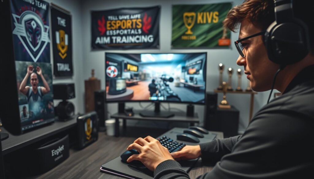 A well-lit training room with sleek gaming equipment and peripherals. In the foreground, a professional esports player intently focused on their mouse and keyboard, their hands a blur of precise movements. The middle ground features a large curved monitor displaying an intense FPS game, the screen's vibrant colors and dynamic action reflecting off the player's determined expression. The background showcases motivational esports team banners and trophies, creating an atmosphere of competitive drive and ambition. Soft, directional lighting casts dramatic shadows, heightening the sense of concentration and intensity. The scene conveys the essence of dedicated aim training for the demanding world of esports.