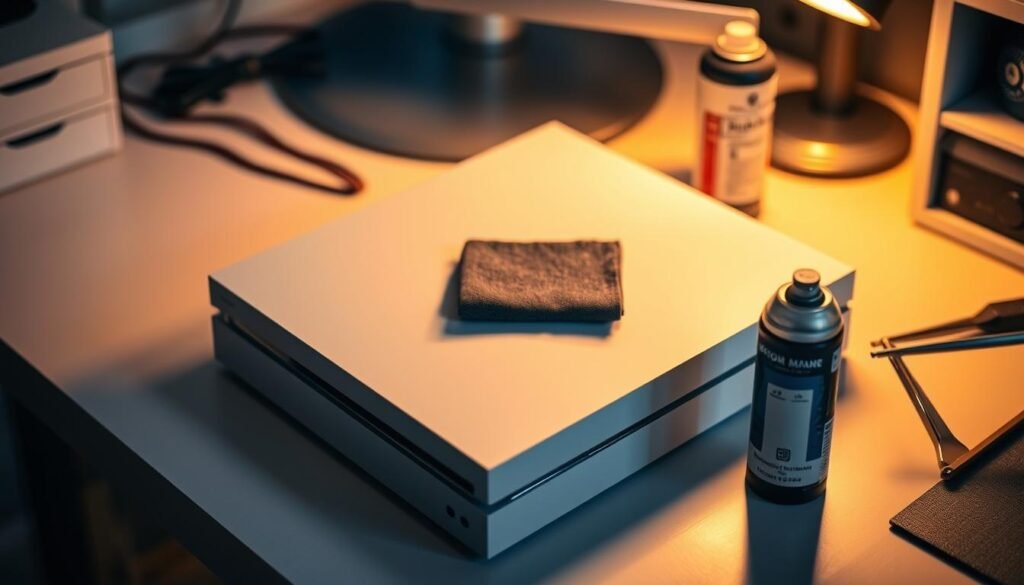 A well-maintained gaming console resting on a clean, organized desk, surrounded by essential care accessories such as a microfiber cloth, a can of compressed air, and a small toolset. Soft, warm lighting illuminates the scene, creating a cozy, inviting atmosphere. The console's exterior is pristine, reflecting the owner's dedication to proper maintenance. The image conveys a sense of respect and appreciation for the gaming hardware, emphasizing the importance of responsible ownership and care.