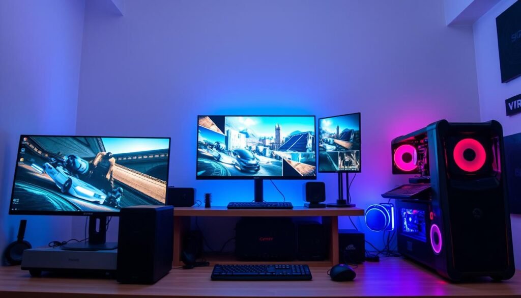 A well-organized workspace featuring three distinct desktop VR setups categorized by price: budget, mid-range, and premium. In the foreground, a sleek budget VR desktop system with basic components and a monitor displaying a VR game. In the middle ground, a mid-range setup showcasing more sophisticated hardware with vibrant RGB lighting, alongside a monitor illustrating immersive VR environments. In the background, an advanced premium VR desktop, with high-end components, multi-monitor displays, and dramatic lighting highlighting its features. The scene is illuminated with soft, ambient lighting to create a modern and tech-savvy atmosphere. The angle is slightly elevated, offering a comprehensive view of all three setups, emphasizing the differentiation in technology and design. A well-organized workspace featuring three distinct desktop VR setups categorized by price: budget, mid-range, and premium. In the foreground, a sleek budget VR desktop system with basic components and a monitor displaying a VR game. In the middle ground, a mid-range setup showcasing more sophisticated hardware with vibrant RGB lighting, alongside a monitor illustrating immersive VR environments. In the background, an advanced premium VR desktop, with high-end components, multi-monitor displays, and dramatic lighting highlighting its features. The scene is illuminated with soft, ambient lighting to create a modern and tech-savvy atmosphere. The angle is slightly elevated, offering a comprehensive view of all three setups, emphasizing the differentiation in technology and design.