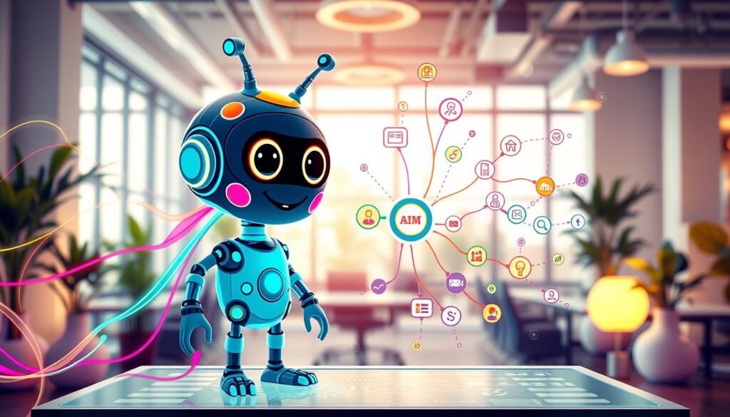 A whimsical software mind mapping AI visualized as a colorful, imaginative creature, blending elements of technology and creativity. The foreground features a friendly, cartoon-like AI character surrounded by flowing, vibrant lines representing ideas and connections, emanating from an interactive digital screen. In the middle, various mind map nodes with playful icons symbolize different themes, like innovation and collaboration. The background showcases a modern office environment with soft, ambient lighting, large windows allowing natural light to stream in, and plant decor for a fresh feel. The atmosphere is vibrant and engaging, radiating a sense of creativity and productivity, inviting users to explore the possibilities of mind mapping with advanced AI.