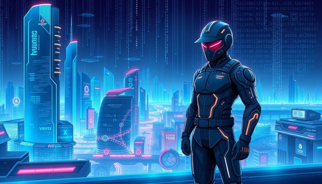 a detailed, high-quality digital illustration of a sleek, modern antivirus software program personified as a digital security guard. The guard stands in the foreground, dressed in a sharp cyberpunk-inspired uniform with glowing circuits and holographic displays. The middle ground features a futuristic cityscape with towering skyscrapers, neon-lit streets, and floating vehicles, all bathed in a cool, blue-tinted lighting. In the background, a vast digital landscape of data streams, firewall grids, and binary code creates a sense of depth and complexity. The overall atmosphere conveys a balance of technological prowess and vigilant protection, reflecting the crucial role of antivirus software in safeguarding the digital world.