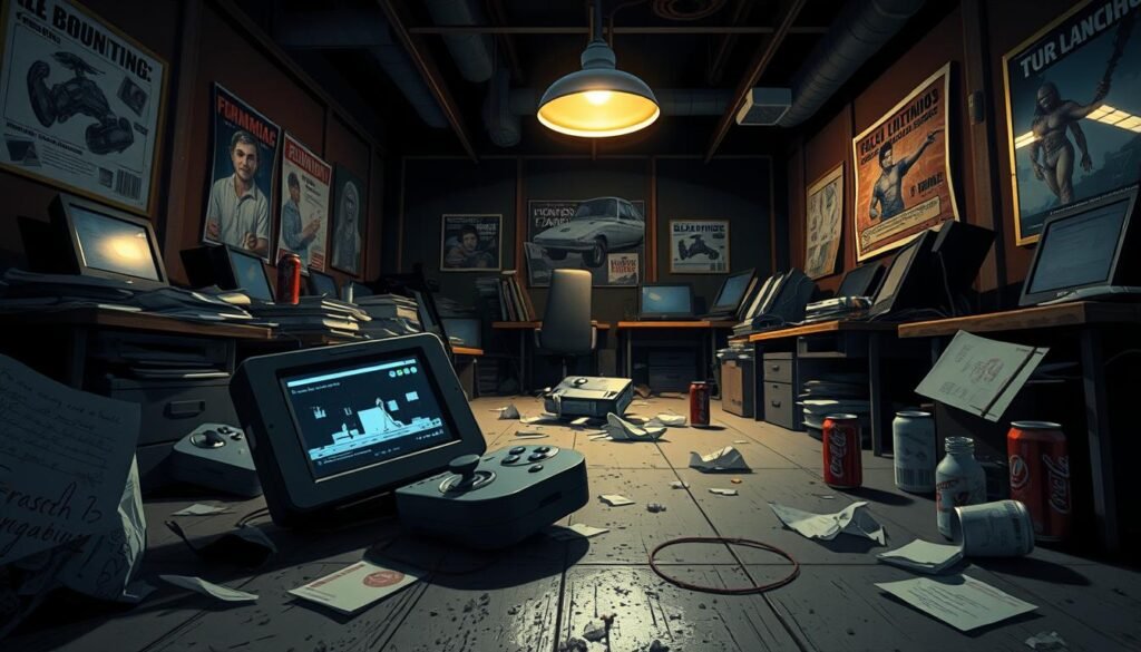A cinematic view of a dimly lit, abandoned game development studio, with scattered game concept art and failed prototypes on cluttered desks. In the foreground, a broken game console lies on the floor, its screen displaying a glitchy, unfinished game scene. Midground elements include empty soda cans and crumpled papers, hinting at frantic brainstorming sessions gone awry. The background features dark walls adorned with faded promotional posters and a flickering overhead light casting a somber glow. The atmosphere is heavy with a sense of loss and disappointment, evoking the feeling of wasted potential. Use a wide-angle lens to create depth, and ensure the lighting is dramatic with shadows emphasizing the desolation of the space.