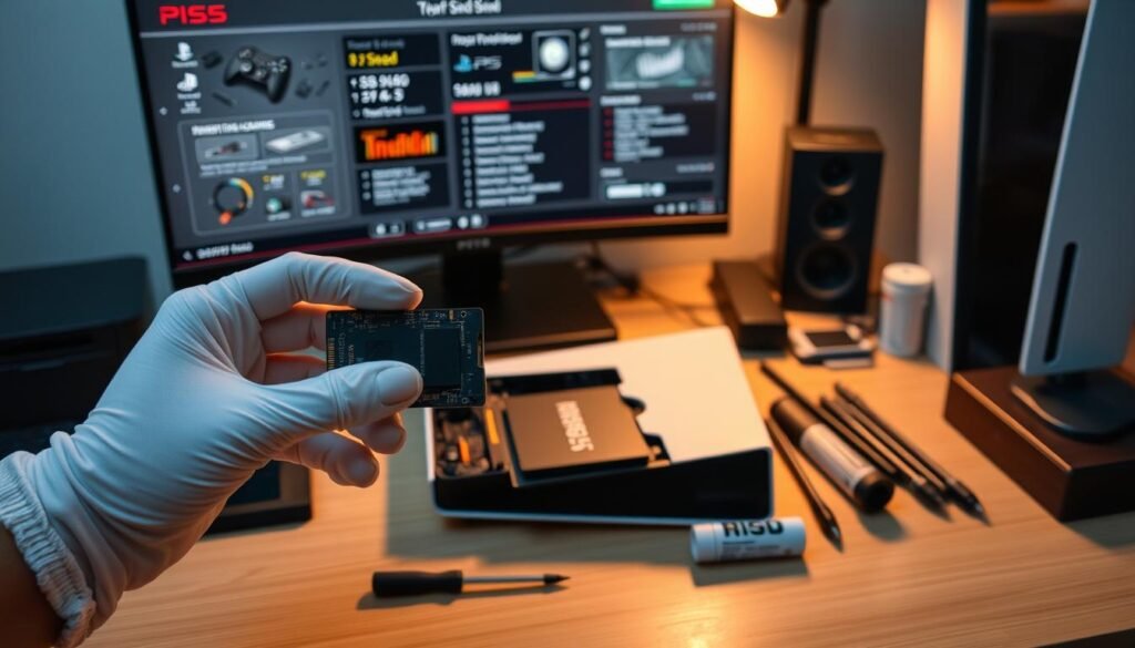 A close-up, detailed workspace setup for upgrading a PS5 SSD NVMe. In the foreground, a person's hands wearing white gloves delicately handle an SSD, showcasing its intricate components. In the middle, an open PS5 console reveals the empty SSD slot, with tools like a screwdriver and thermal paste neatly arranged beside it. The background features a well-organized desk with a gaming monitor displaying technical specifications, and soft, warm lighting creates an inviting atmosphere. The scene captures a mood of careful preparation and focus, emphasizing the importance of handling the hardware carefully and technically, reflecting both excitement and caution in the process of upgrading.
