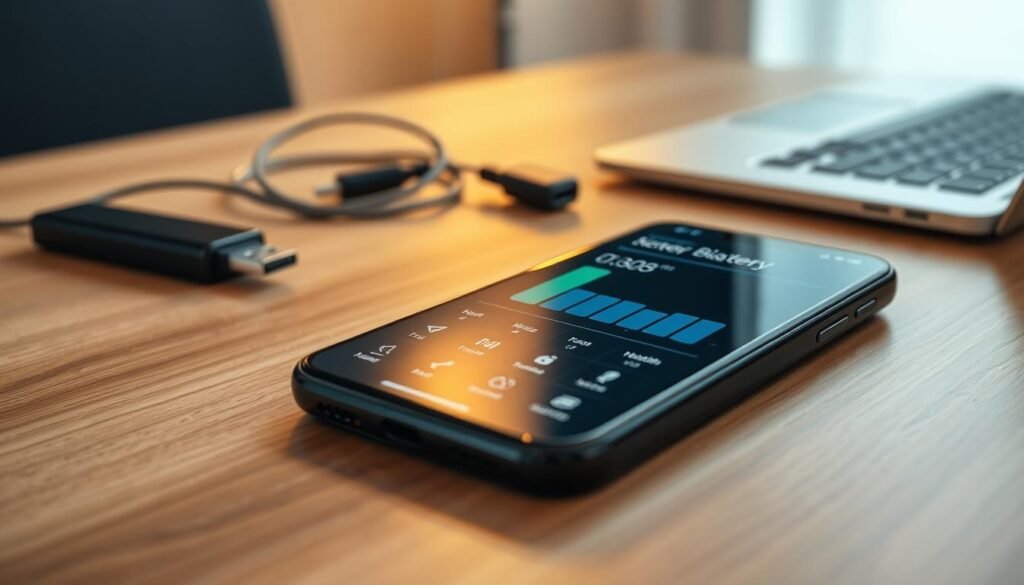 A close-up image of a modern smartphone on a sleek wooden table, displaying a battery calibration app interface with a visually appealing graphical representation of battery levels. In the foreground, the smartphone's bright, clear screen shows detailed icons and a graph indicating battery health. In the middle ground, scattered technical tools such as a USB charging cable and a laptop are subtly present, suggesting a high-tech environment. In the background, a softly blurred light source illuminates the scene, creating a warm, inviting atmosphere. The overall mood should convey a sense of professionalism and modernity, emphasizing the importance of battery calibration for improved smartphone performance.