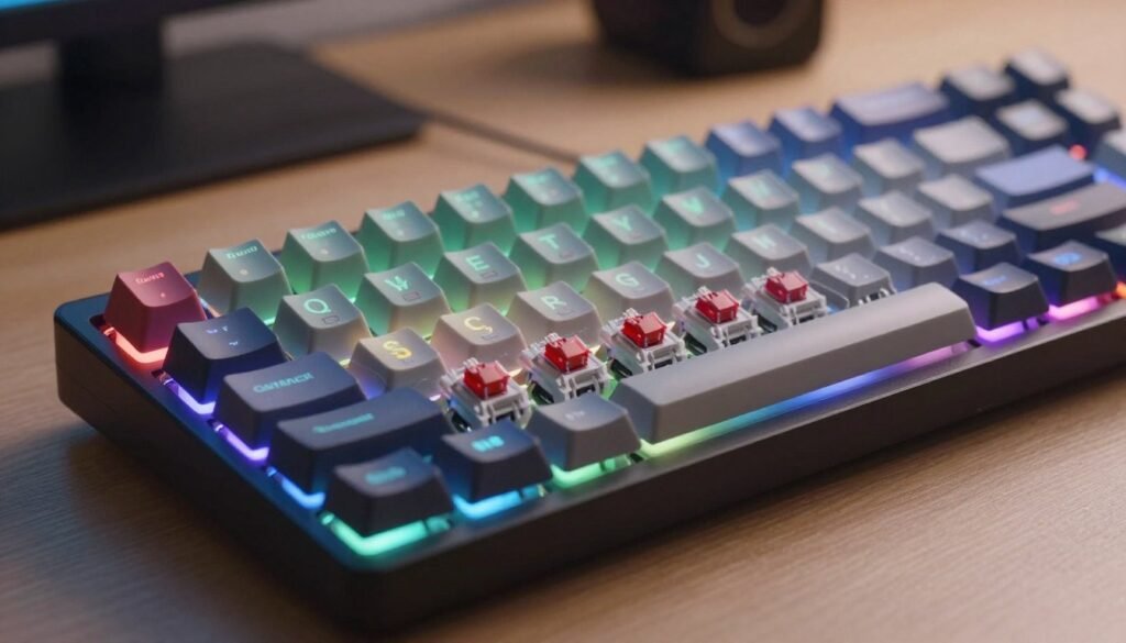 A close-up image of a vibrant, customizable mechanical keyboard showcasing its hotswap feature. In the foreground, highlight a few Gateron switches being effortlessly removed from the keyboard, showcasing different colors and types to emphasize customization. The middle ground features the keyboard itself, with a sleek design and RGB backlighting illuminating the keys in a soft glow, creating an inviting atmosphere. The background should have a subtle, blurred workspace setting with a desk and some tech gadgets, enhancing the creative vibe. Use natural lighting to create depth and shadows that accentuate the keyboard's features. The overall mood should feel innovative and modern, appealing to tech enthusiasts.