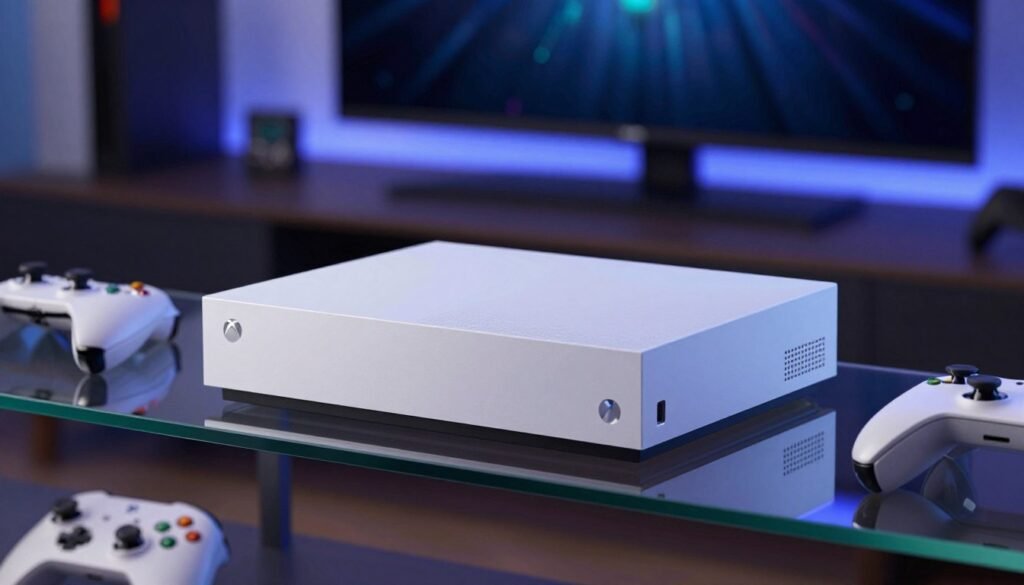 A close-up image of the Xbox One S All-Digital Edition console, prominently displayed against a sleek, modern gaming setup. The console, featuring its distinctive white finish and minimalistic design, sits on a stylish glass shelf, illuminated by soft, ambient lighting that highlights its contours. In the background, a blurred gaming room with a large flat-screen TV and game controllers scattered around creates an inviting atmosphere. The focus is sharp on the console with a shallow depth of field, capturing its details, including the vent and ports. The overall mood is futuristic and tech-savvy, reflecting a sense of innovation.