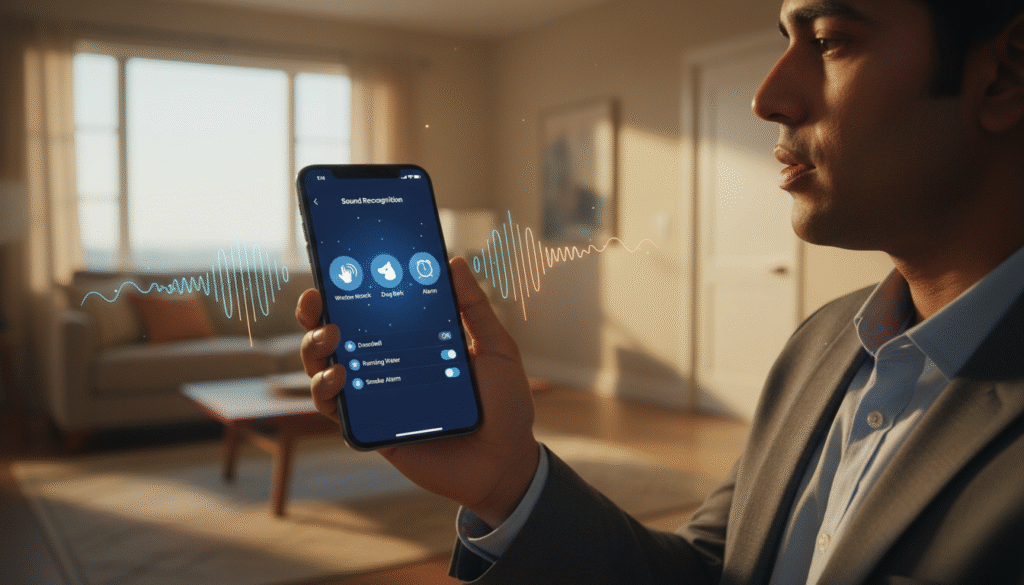 A close-up of a modern smartphone screen displaying sound recognition settings in a sleek, user-friendly interface, with vibrant icons representing various sounds like a window knock, dog bark, and alarm. The foreground features the smartphone held by a diverse individual dressed in professional business attire, their facial expression reflecting concentration and curiosity. In the middle ground, a soft focus on a cozy living room setting with ambient light filtering through a window, enhancing the welcoming atmosphere. In the background, subtle hints of various common household sounds illustrated as sound waves emanating from objects like windows and doors. The lighting is warm and inviting, capturing a sense of preparedness and accessibility, emphasizing the importance of sound recognition technology.