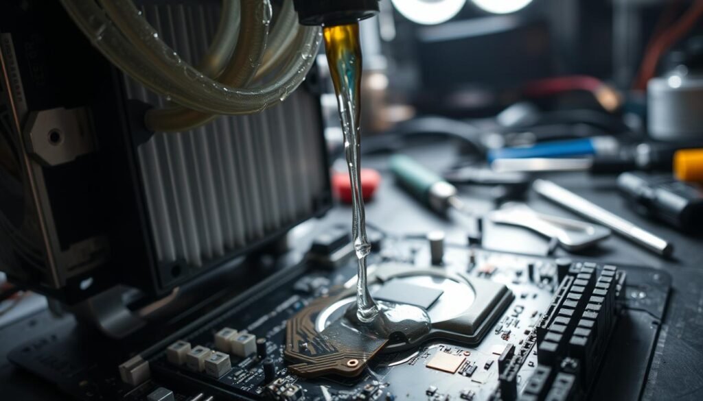 A close-up shot of a damaged AIO (All-In-One) cooling system leaking coolant, prominently displaying its intricate tubing and radiator in the foreground. The coolant is dripping onto a dismantled motherboard, highlighting the potential risk and damage to critical electronic components. The motherboard has visible signs of corrosion and damage due to the coolant exposure. The background features a dimly lit workstation with scattered tools and components, creating a mood of urgency and concern. Soft, focused lighting emphasizes the leaking coolant and the damaged motherboard, capturing the gravity of the situation. Use a shallow depth of field to draw attention to the leak while slightly blurring the surrounding elements, which conveys a sense of isolation and focus on the damage.