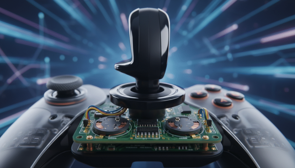 A close-up view of a Hall Effect joystick controller, prominently displaying its intricate components and technology. In the foreground, focus on the joystick itself with a glossy, ergonomic design showcasing clear details of the Hall Effect sensors and circuit board. In the middle ground, softly blurred components like buttons and triggers hint at the complexity of gaming technology. The background should feature a softly lit, modern gaming environment with abstract shapes representing digital connections and gaming speed. Use soft, ambient lighting to convey a sense of innovation and tech-savvy atmosphere, while maintaining a professional and sleek aesthetic. The camera angle should be slightly low to emphasize the joystick’s importance, creating depth in the composition.