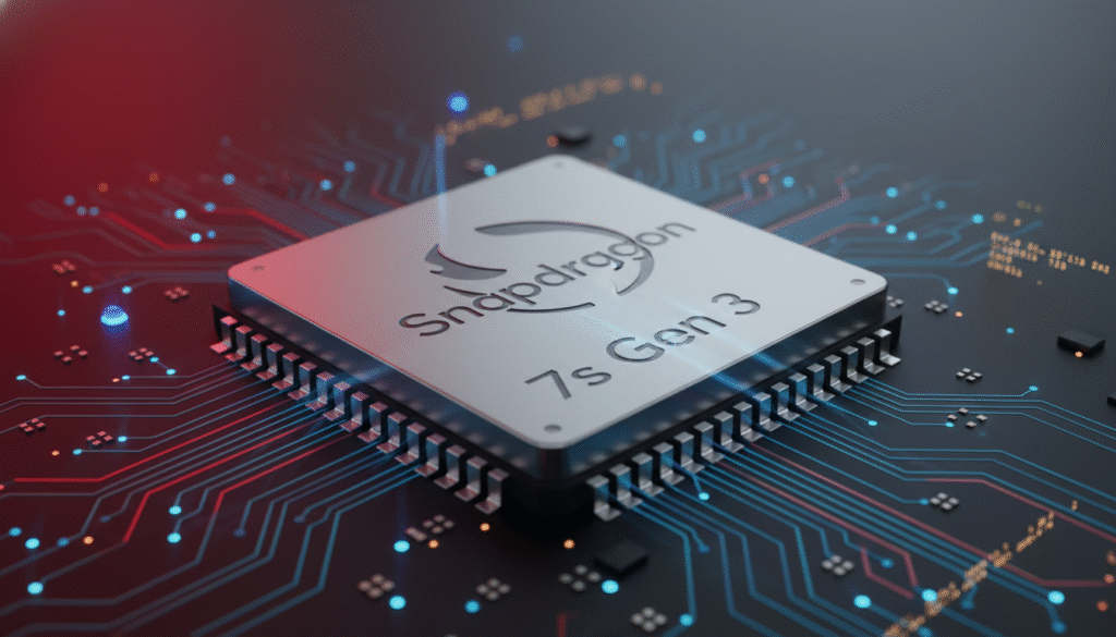 A close-up view of a Snapdragon 7s Gen 3 processor, emphasizing its sleek, metallic architecture and advanced circuitry. In the foreground, focus on the detailed microchip with reflections of light creating a high-tech ambiance. The middle ground features a gradient background that transitions from deep red to dark gray, symbolizing power and innovation. Soft, diffused lighting enhances the contours of the chip, creating a dynamic yet professional atmosphere. Include subtle electronic elements like circuit board patterns or glowing LED lights in the background to further emphasize its technological prowess. Capture the essence of speed and performance, highlighting the processor's suitability for both daily tasks and gaming experiences in a digital world. A close-up view of a Snapdragon 7s Gen 3 processor, emphasizing its sleek, metallic architecture and advanced circuitry. In the foreground, focus on the detailed microchip with reflections of light creating a high-tech ambiance. The middle ground features a gradient background that transitions from deep red to dark gray, symbolizing power and innovation. Soft, diffused lighting enhances the contours of the chip, creating a dynamic yet professional atmosphere. Include subtle electronic elements like circuit board patterns or glowing LED lights in the background to further emphasize its technological prowess. Capture the essence of speed and performance, highlighting the processor's suitability for both daily tasks and gaming experiences in a digital world.
