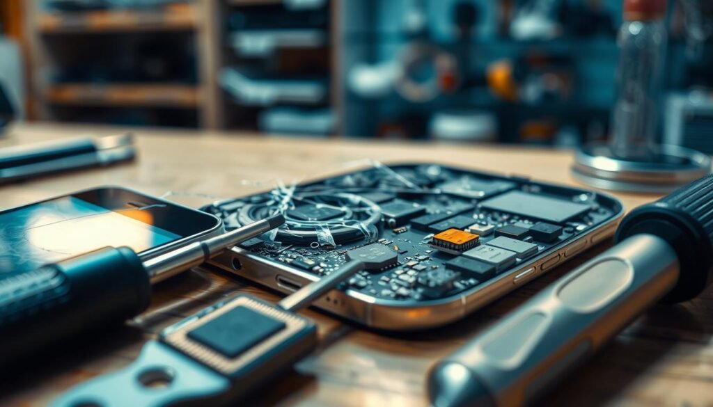 A close-up view of a damaged smartphone, showcasing a cracked screen with visible water damage and a warped body. In the foreground, tools like a screwdriver and replacement IC chip are scattered around, symbolizing repair efforts. The middle ground features the disassembled pieces of the smartphone, including a printed circuit board and components, highlighted under soft, warm lighting to create a reflective mood. In the background, blurred shelves of smartphone repair parts and tools hint at a busy repair shop environment. The scene conveys a sense of urgency and concern, illustrating the impact of smartphone hardware failure and the need for repair, captured from a slightly angled perspective to add depth to the image.