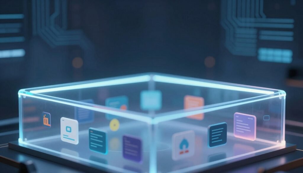 A close-up view of a digital security concept illustrating the limits and vulnerabilities of sandboxing technology. In the foreground, a futuristic, translucent sandbox environment, resembling a geometric glass structure, encapsulates various colorful digital elements, such as apps or code snippets, floating gently inside. In the middle ground, a series of glowing barriers create a visually striking boundary, showcasing the idea of restrictions while emphasizing security. The background features a dark, cybernetic landscape with subtle circuit patterns and abstract representations of potential threats, representing the external challenges faced by sandboxing. Soft ambient lighting creates a sense of calm, while focused beams highlight the sandbox’s boundaries, evoking a thought-provoking atmosphere about the effectiveness of security measures in digital ecosystems. A close-up view of a digital security concept illustrating the limits and vulnerabilities of sandboxing technology. In the foreground, a futuristic, translucent sandbox environment, resembling a geometric glass structure, encapsulates various colorful digital elements, such as apps or code snippets, floating gently inside. In the middle ground, a series of glowing barriers create a visually striking boundary, showcasing the idea of restrictions while emphasizing security. The background features a dark, cybernetic landscape with subtle circuit patterns and abstract representations of potential threats, representing the external challenges faced by sandboxing. Soft ambient lighting creates a sense of calm, while focused beams highlight the sandbox’s boundaries, evoking a thought-provoking atmosphere about the effectiveness of security measures in digital ecosystems.