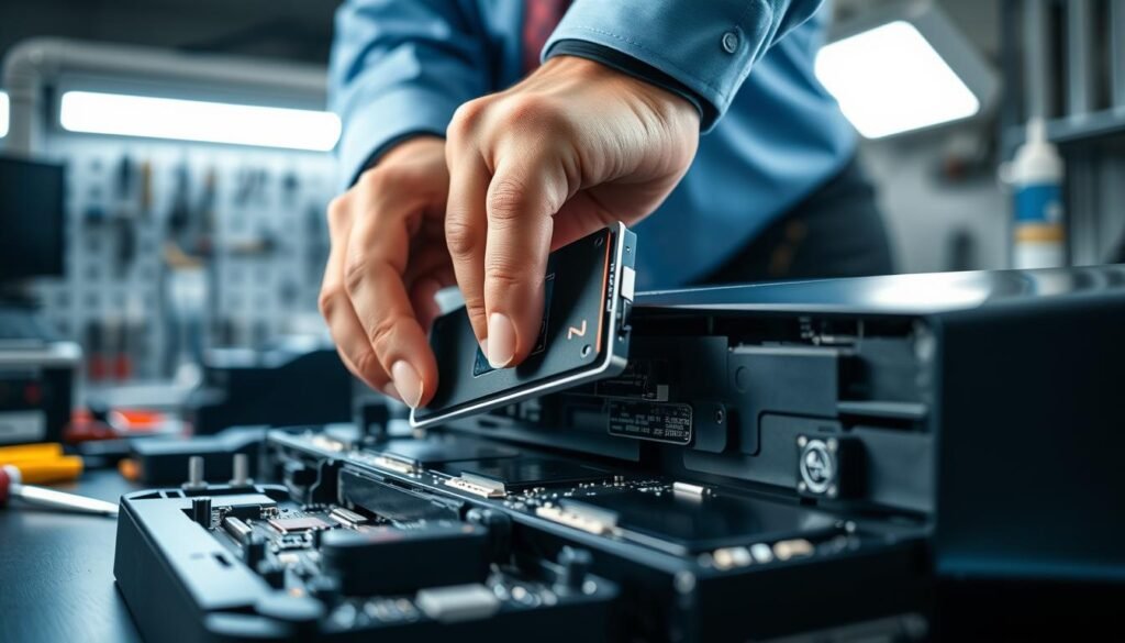 A close-up view of a professional technician, dressed in smart casual attire, installing an M.2 SSD in a PlayStation 5 console. The foreground features the technician's hands cautiously securing the SSD into the designated slot, showcasing precise movements. The middle ground displays the PS5 console with the side panel removed, revealing the internal structure and the SSD connector. In the background, a well-lit workspace is filled with tools like screwdrivers and thermal paste, adding to the atmosphere of careful preparation. The lighting is bright and focused, highlighting the gleaming components, with a slight depth of field effect to emphasize the installation process. The overall mood conveys diligence and professionalism, encapsulating the careful nature of hardware upgrades. A close-up view of a professional technician, dressed in smart casual attire, installing an M.2 SSD in a PlayStation 5 console. The foreground features the technician's hands cautiously securing the SSD into the designated slot, showcasing precise movements. The middle ground displays the PS5 console with the side panel removed, revealing the internal structure and the SSD connector. In the background, a well-lit workspace is filled with tools like screwdrivers and thermal paste, adding to the atmosphere of careful preparation. The lighting is bright and focused, highlighting the gleaming components, with a slight depth of field effect to emphasize the installation process. The overall mood conveys diligence and professionalism, encapsulating the careful nature of hardware upgrades.