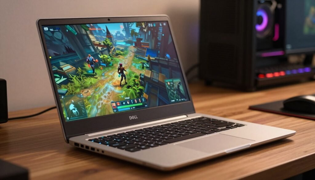 A close-up view of a sleek Dell Latitude 3440 Chromebook displaying vibrant colors on its high-resolution screen. The laptop is positioned on a stylish wooden desk, with the RGB keyboard glowing softly, casting a gentle light on the surface. In the foreground, focus on the laptop’s display showcasing a vivid gaming scene with rich graphics and detailed textures. Soft, diffused lighting illuminates the scene, creating a warm and inviting atmosphere. In the background, a blurred gaming setup with subtle hints of technology adds depth, enhancing the overall visual experience. Capture the essence of modern computing, combining functionality with aesthetic appeal, suitable for gamers seeking comfort in their gameplay.