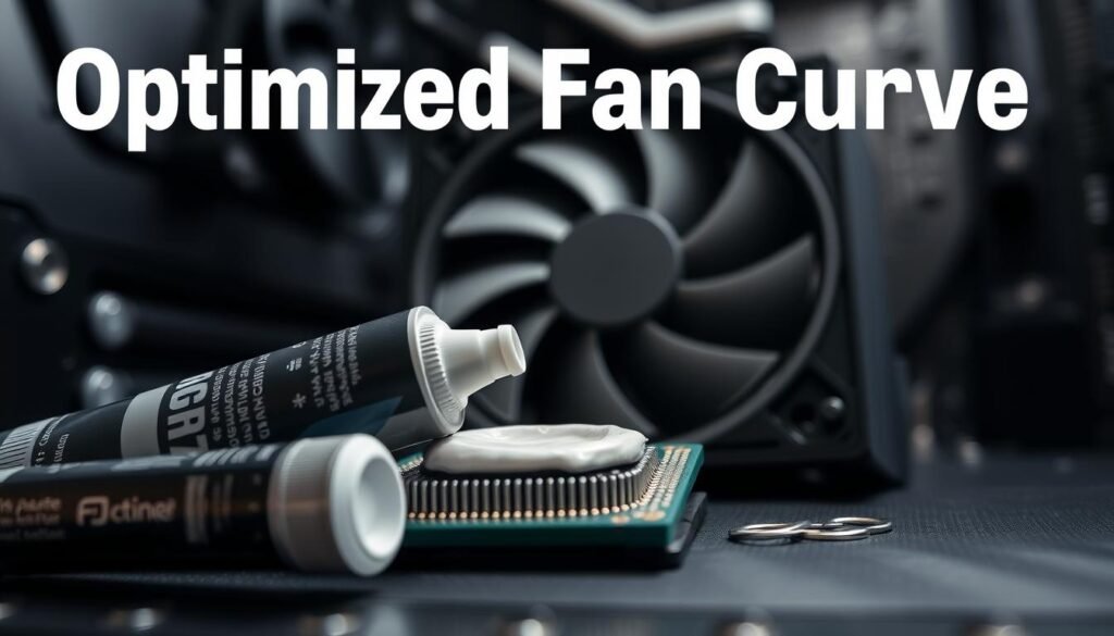 A close-up view of a thermal paste application process on a CPU, showcasing an optimized fan curve setup. In the foreground, a high-quality thermal paste tube is positioned next to a carefully spread layer of paste on the CPU surface. The middle ground features a sleek AIO 120mm liquid cooler with a fan and a car radiator in the setup, all under bright, even lighting to highlight the details. The background contains blurred computer components, creating a tech-savvy atmosphere. The image captures the precision and care taken for optimal thermal performance, instilling a sense of expertise and innovation in PC cooling. Soft shadows enhance the depth, with a focus on clarity and detail in a professional, clean aesthetic.