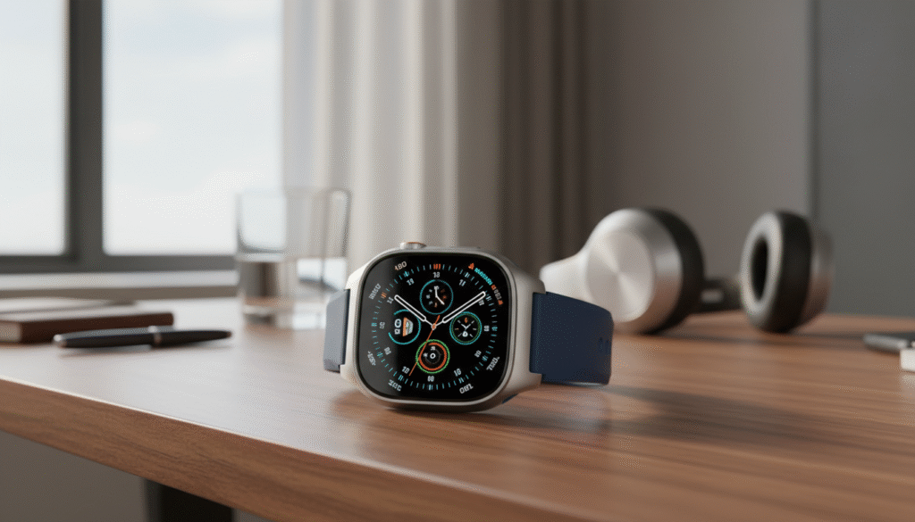 A close-up view of an Apple Watch on a sophisticated wooden desk, highlighting its sleek design and intricate details. The foreground features the watch displaying an elegant watch face with vibrant colors and precise graphics, reflecting the attention to detail synonymous with Apple's philosophy. In the middle, there are subtle reflections of ambient light enhancing the watch's metallic finish. The background is softly blurred, showcasing a minimalistic workspace with soft, warm lighting from a nearby window, creating a serene atmosphere. The angle is slightly tilted, emphasizing the watch's contours and the quality of materials used. The overall mood is one of professionalism and innovation, capturing the essence of meticulous design in technology.