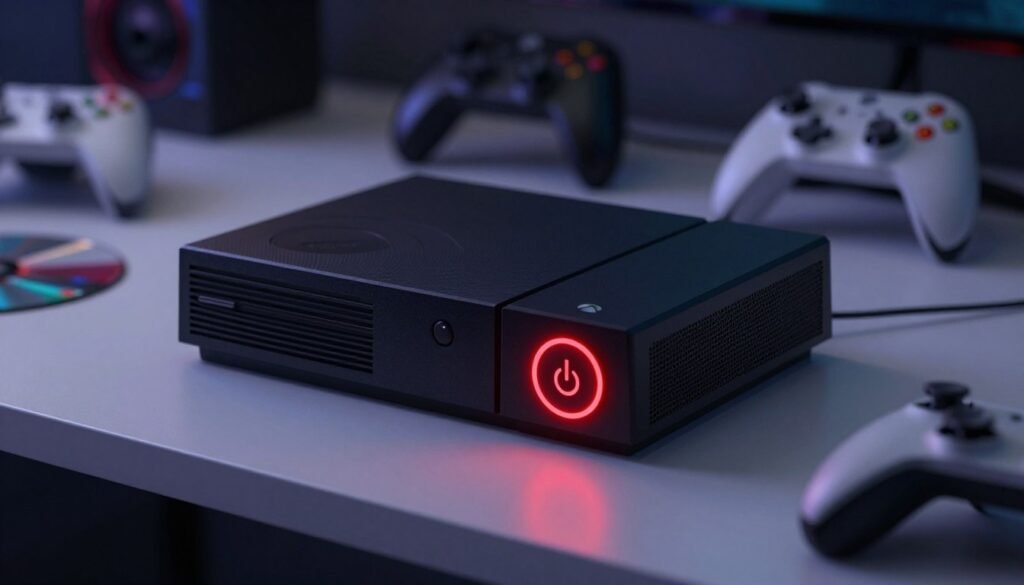 A close-up view of an Xbox 360 console displaying the infamous red ring of death on the power button, set on a sleek, modern gaming desk. The console is slightly angled to highlight the illuminated rings, creating a dramatic focal point. In the background, softly blurred gaming paraphernalia, such as controllers and game discs, suggests a vibrant gaming atmosphere. The lighting is dim, with a subtle glow from the console's red ring, enhancing the mood of disappointment and drama associated with the infamous hardware failure. The angle is from a low perspective, emphasizing the console's presence and the significance of the red ring, while maintaining a clean, professional look devoid of any text or distractions.