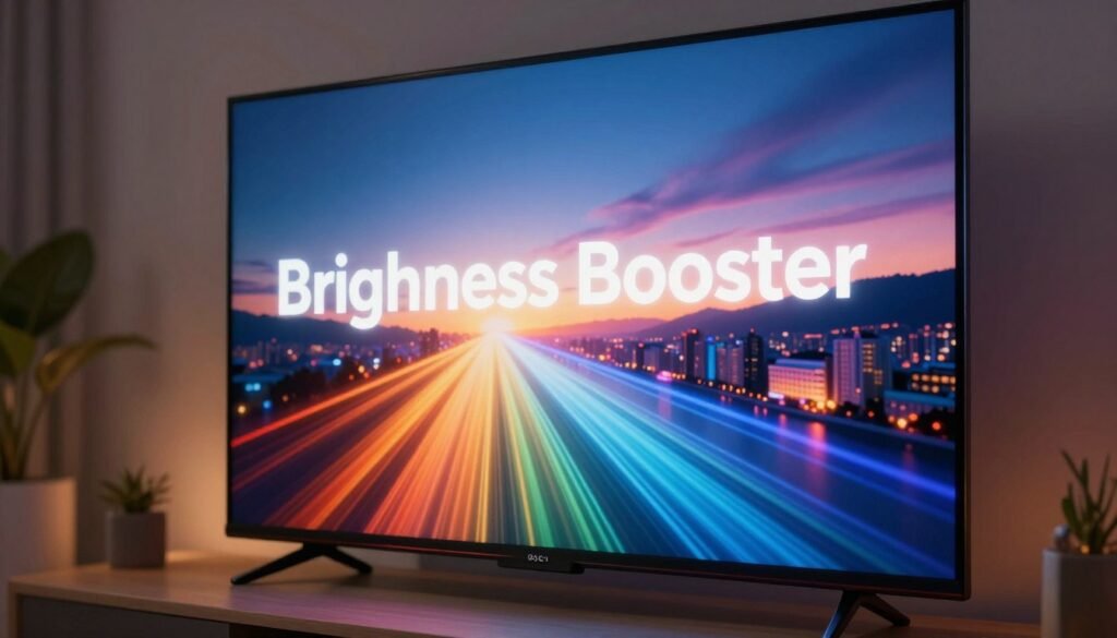 A close-up view of an advanced LED display screen showcasing the "Brightness Booster" technology in action. The foreground features a sleek, modern television set with vibrant colors radiating from the screen, illustrating optimal brightness. In the middle ground, a subtle glow emanates from the display, highlighting the clarity and depth of the images, perhaps depicting a scenic landscape or a vibrant cityscape at night. The background is softly blurred to emphasize the television, with ambient lighting that creates a high-tech atmosphere. The scene is shot with a wide-angle lens to capture both detail and depth, complemented by a warm, inviting glow that conveys a sense of innovation and sophistication. A close-up view of an advanced LED display screen showcasing the "Brightness Booster" technology in action. The foreground features a sleek, modern television set with vibrant colors radiating from the screen, illustrating optimal brightness. In the middle ground, a subtle glow emanates from the display, highlighting the clarity and depth of the images, perhaps depicting a scenic landscape or a vibrant cityscape at night. The background is softly blurred to emphasize the television, with ambient lighting that creates a high-tech atmosphere. The scene is shot with a wide-angle lens to capture both detail and depth, complemented by a warm, inviting glow that conveys a sense of innovation and sophistication.