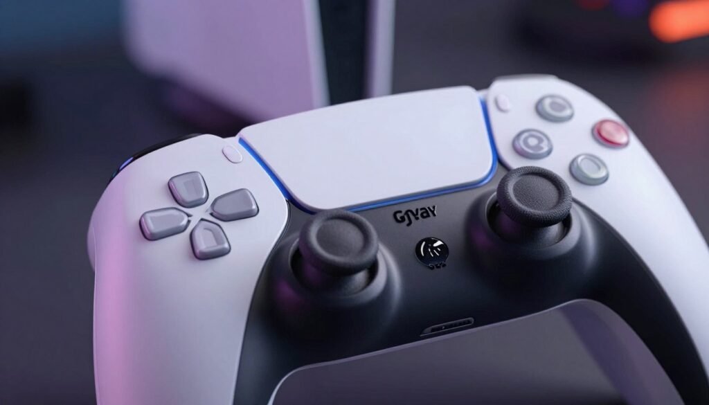 A close-up view of the DualSense Edge controller, showcasing its hidden features. In the foreground, focus on the textured grips and customizable buttons, highlighting unique elements like adjustable triggers and removable thumbsticks. The mid-ground includes soft lighting that accentuates the sleek design and shiny finishes of the controller, with a blurred background that hints at a gaming environment, like a stylish gaming setup with ambient lighting. Use a shallow depth of field to draw attention to the controller while keeping the background subtly defined. The overall mood is modern and tech-savvy, reflecting excitement and innovation in gaming accessories. The image should be clean, professional, and visually engaging.