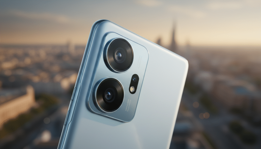 A close-up view of the Realme GT 6 camera specifications, showcasing the sleek design of the smartphone. The foreground features the phone angled to highlight its dual-lens camera setup, with precise focus on the lenses and surrounding sensors. The middle ground includes a blurred backdrop of a cityscape, symbolizing travel and daily activities. Use soft, natural lighting to emphasize the phone's glossy surface while casting gentle shadows that highlight its contours. The atmosphere should convey a sense of modern technology and innovation, inviting viewers to explore the camera's capabilities. Aim for a sharp, clear image that captures the essence of high-quality smartphone photography, without any text or overlays.