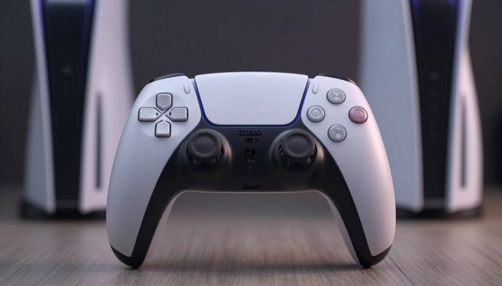 A close-up view of the luxurious DualSense Edge controller, showcasing its premium build quality and sleek design. The controller is centered in the foreground, highlighting its elegant contours and ergonomic features. Reflections on the controller’s glossy surface indicate soft, diffused ambient lighting, giving it a high-end, sophisticated look. The background is softly blurred to keep the focus on the controller, with hints of a modern gaming setup, such as a stylish gaming console and ambient LED lights. The overall mood is sleek and aspirational, evoking a sense of innovation and superiority in gaming technology. Shot with a shallow depth of field to enhance detail on the controller while maintaining an elegant, minimalist aesthetic.