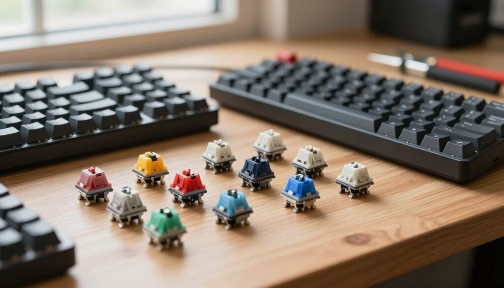 A close-up view of various types of mechanical keyboard switches, displayed on a clean, wooden desk. The foreground features several Gateron switches in different colors, showcasing their unique designs and characteristics. The middle ground includes a partially disassembled mechanical keyboard with hotswap capability, revealing the sockets where the switches are inserted. Soft, diffused natural light streams in from a nearby window, casting gentle shadows and highlighting the textures of the switches and keyboard. In the background, blurred out, are some tools and accessories used for keyboard modification, creating a workshop-like atmosphere that invites exploration and understanding of mechanical switches. The overall mood is informative and focused, emphasizing clarity and detail.