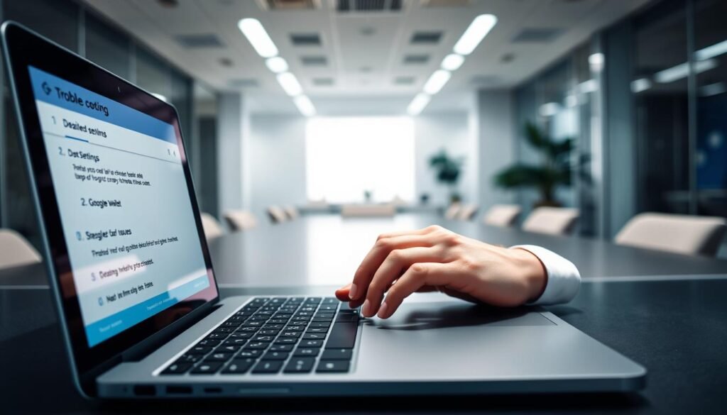 A computer screen displaying a troubleshooting interface for Google Wallet, featuring a series of step-by-step solutions. In the foreground, a laptop with a bright, crisp display showing detailed settings and tips for resolving Google Wallet issues. In the middle, a pair of hands, dressed in professional business attire, actively typing on the keyboard, demonstrating a user engaged in problem-solving. The background features a modern, clean office environment with soft, ambient lighting that creates a focused and calm atmosphere. The overall mood of the image is one of resolution and clarity, emphasizing the theme of effective troubleshooting. The composition is shot from a slightly elevated angle to capture both the laptop screen and the hands effectively.
