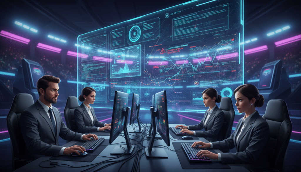 A conceptual illustration of "matchmaking" in competitive gaming. In the foreground, showcase diverse gamers seated at desks, focused on their computer screens, engaged in a matchmaking interface. Each gamer is dressed in professional business attire, emphasizing concentration and strategy. In the middle ground, visualize a detailed matchmaking algorithm displayed on a screen, filled with hidden stats, graphs, and analytics, creating a sense of depth and complexity. The background features a softly lit gaming environment, with LED lights casting a colorful glow, symbolizing the vibrant world of competitive gaming. The overall mood is intense yet sophisticated, highlighting the nuances and intricacies that can disrupt matchmaking systems. The composition should have a dynamic angle to emphasize the action and engagement, ensuring a professional and polished visual.