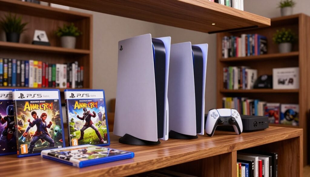 A cozy modern gaming library showcasing the digital edition of the PS5 Slim and Xbox Series S consoles on a polished wooden shelf. The scene is warmly lit with soft overhead lights, creating an inviting atmosphere. In the foreground, various popular AAA game titles are displayed on vibrant cases, emphasizing exclusivity and library depth. The middle ground features the sleek design of the consoles side by side, highlighting their artistic forms. The background includes a stylish bookshelf filled with classic and contemporary gaming books, adorned with potted plants for a touch of greenery. The perspective is slightly tilted to capture the consoles prominently, while the overall mood conveys a sense of excitement and discovery in gaming culture.