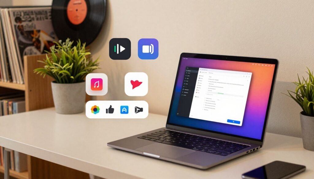 A cozy workspace setup featuring a modern Chromebook surrounded by essential applications for audio, video, and torrent management. In the foreground, depict the Chromebook open with a vibrant display showing a media player interface and a torrent download screen. In the middle ground, include stylish graphic representations of popular application icons for audio and video editing, arranged artfully next to the Chromebook. The background should have soft, focused lighting, evoking a productive yet relaxed atmosphere, with a shelf of vinyl records and a potted plant on a minimalist desk. Use a warm color palette to create an inviting vibe, captured from a slightly elevated angle to emphasize the workspace. A cozy workspace setup featuring a modern Chromebook surrounded by essential applications for audio, video, and torrent management. In the foreground, depict the Chromebook open with a vibrant display showing a media player interface and a torrent download screen. In the middle ground, include stylish graphic representations of popular application icons for audio and video editing, arranged artfully next to the Chromebook. The background should have soft, focused lighting, evoking a productive yet relaxed atmosphere, with a shelf of vinyl records and a potted plant on a minimalist desk. Use a warm color palette to create an inviting vibe, captured from a slightly elevated angle to emphasize the workspace.