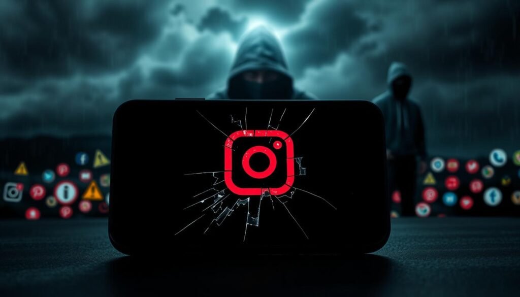 A dark, moody digital landscape representing the risks of using modified Instagram applications. In the foreground, a cracked smartphone screen displays a shattered Instagram logo, symbolizing vulnerability. Surrounding it are fragmented code elements and abstract representations of security threats, like warning symbols and a shadowy hacker figure in a hoodie. The middle ground features blurred images of fleeting social media icons, representing that online invisibility. In the background, a stormy digital sky filled with ominous clouds and binary rain creates a sense of foreboding. The lighting is dim, with sharp contrasts illuminating the main subject, evoking a sense of danger and uncertainty. The atmosphere should feel heavy and anxious, targeting the viewer's awareness of cybersecurity risks associated with using modded applications. A dark, moody digital landscape representing the risks of using modified Instagram applications. In the foreground, a cracked smartphone screen displays a shattered Instagram logo, symbolizing vulnerability. Surrounding it are fragmented code elements and abstract representations of security threats, like warning symbols and a shadowy hacker figure in a hoodie. The middle ground features blurred images of fleeting social media icons, representing that online invisibility. In the background, a stormy digital sky filled with ominous clouds and binary rain creates a sense of foreboding. The lighting is dim, with sharp contrasts illuminating the main subject, evoking a sense of danger and uncertainty. The atmosphere should feel heavy and anxious, targeting the viewer's awareness of cybersecurity risks associated with using modded applications.