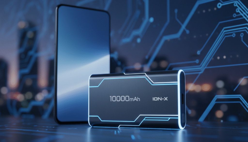 A detailed 10,000 mAh smartphone battery placed prominently in the foreground, showcasing its sleek design and modern aesthetics. The battery is elegantly lit with soft, diffused lighting to highlight its contours and innovative features, creating a sense of advancement and reliability. In the middle ground, a blurred image of a futuristic smartphone silhouette complements the battery, symbolizing the next-generation technology it's powering. The background features a subtle tech-themed environment, such as circuit patterns or low-light urban scenery, enhancing the high-tech atmosphere. The overall mood is anticipatory and innovative, conveying excitement for the upcoming smartphone release. The composition should use a shallow depth of field to draw focus to the battery while maintaining a professional and polished look.