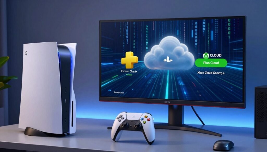 A detailed analysis of cloud gaming, featuring a split-screen view comparing PlayStation Plus Cloud and Xbox Cloud Gaming. In the foreground, a sleek gaming console and controller from both Sony and Microsoft, elegantly placed on a modern gaming desk. The middle ground includes a large, high-definition monitor displaying visuals of both cloud services, with indicators showing network strength and latency. In the background, a digital landscape depicting flowing binary code and cloud symbols to represent online connectivity and data. Soft, ambient lighting highlights the consoles and monitor, creating a dynamic yet professional atmosphere. The perspective is slightly angled for depth, enhancing the technical focus of the image, evoking a sense of innovation and competitive spirit in the gaming industry.