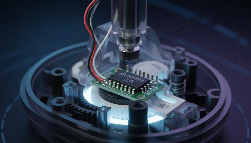 A detailed and realistic close-up image of a Hall Effect sensor used in a joystick, highlighting its intricate components such as the magnetic field sensor and integrated circuits. In the foreground, depict the sensor with visible pins and connections, showcasing the precision engineering involved. The middle ground should include a partially transparent joystick casing to reveal how the sensor is positioned inside, illuminated with soft, diffused LED lighting to enhance the technical details. The background should be a subtle gradient of dark colors, creating a sleek, modern atmosphere that emphasizes technological advancement. The overall mood should convey innovation and reliability, making the viewer appreciate the anti-drift mechanism of Hall Effect sensors in gaming controllers. Capture the image at a slight angle to add depth, using a macro lens effect to highlight fine details.