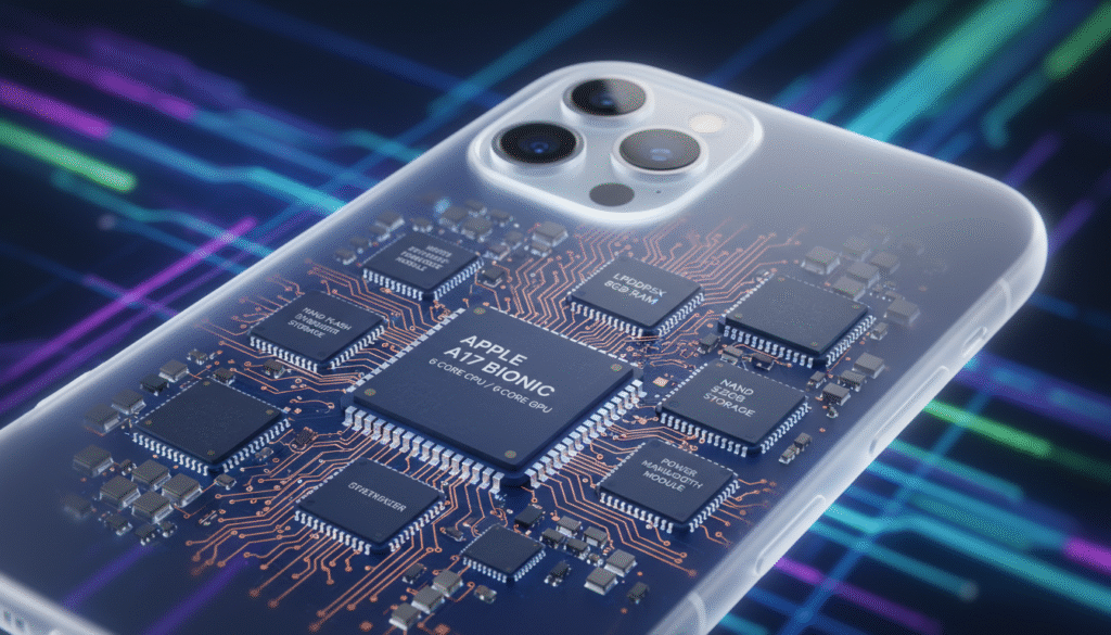 A detailed and technical illustration of an internal chipset for an iPhone, focusing on high-resolution circuitry and components, prominently featuring the CPU and RAM modules. The foreground includes intricate microchips, with labels indicating their specifications, while the midground displays a lighted, semi-transparent casing that hints at the iPhone's design. The background shows a blurred, subtle gradient of digital patterns representing advanced technology and innovation. The scene is lightly illuminated to highlight the chipset's details, capturing a sense of modernity and sophistication. The angle is slightly above eye level, enhancing the complexity of the internal components while maintaining a clean, professional atmosphere, suitable for an article on technological advancements in mobile devices.