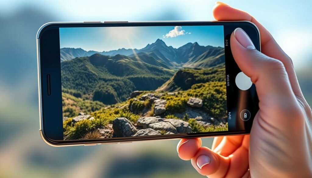 A detailed close-up image of a smartphone showcasing its zoom capability in action. The foreground features a beautifully designed smartphone held up, displaying a vibrant, high-resolution image of a distant mountain landscape through its camera screen. The middle ground includes zoomed-in details of the landscape with sharp clarity, illustrating the optical zoom effect with lush greenery and intricate rock formations. The background is blurred to emphasize depth, with soft bokeh effects highlighting the phone's premium lens. The lighting is bright and natural, simulating outdoor sunlight, creating a warm and inviting atmosphere. Capture an engaging, innovative mood, emphasizing cutting-edge technology in photography.