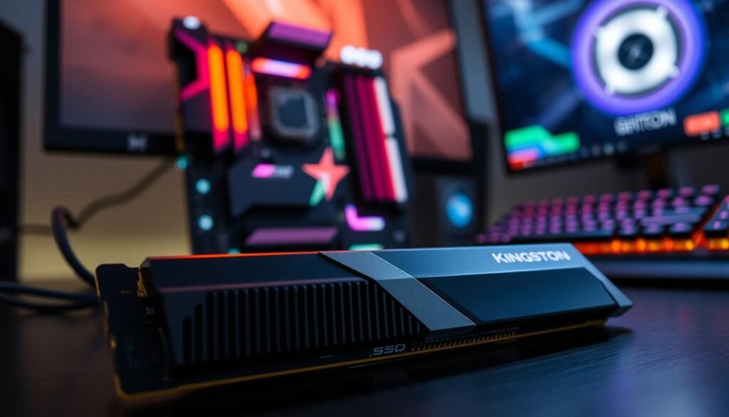 A detailed close-up of the Kingston Fury Renegade NVMe 4.0 SSD, showcasing its sleek design and integrated heat sink, set against a softly blurred gaming setup. In the foreground, highlight the SSD with its metallic finish and cooling fins, reflecting ambient light from RGB gaming components. The middle layer captures a modern gaming motherboard, with vibrant LED lights casting a dynamic glow. In the background, a clean workstation is visible, infused with a tech-savvy atmosphere, featuring a gaming monitor and keyboard. The lighting is dramatic and moody, emphasizing the cutting-edge technology, while maintaining a professional and sleek aesthetic. A detailed close-up of the Kingston Fury Renegade NVMe 4.0 SSD, showcasing its sleek design and integrated heat sink, set against a softly blurred gaming setup. In the foreground, highlight the SSD with its metallic finish and cooling fins, reflecting ambient light from RGB gaming components. The middle layer captures a modern gaming motherboard, with vibrant LED lights casting a dynamic glow. In the background, a clean workstation is visible, infused with a tech-savvy atmosphere, featuring a gaming monitor and keyboard. The lighting is dramatic and moody, emphasizing the cutting-edge technology, while maintaining a professional and sleek aesthetic.