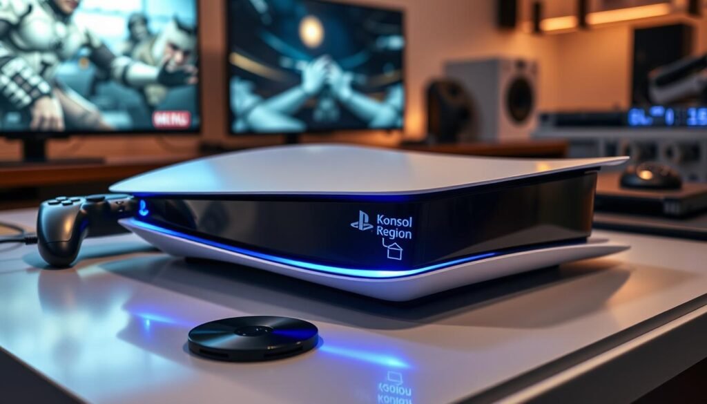 A detailed close-up of the PS5 console, prominently showcasing the Japanese version with a unique "Konsol Region Lock" indicator distinctly marked on its surface. The console is placed on a sleek, modern gaming desk adorned with subtle gaming accessories, such as game discs and controllers seamlessly blending into the scene. The lighting is dynamic, with soft blue LED accents emanating from the console, casting gentle shadows that highlight its design. In the background, a blurred view of a gaming setup featuring a high-resolution screen displaying game graphics enhances the atmosphere of advanced gaming technology. The composition conveys a sense of exclusivity and curiosity about the region-locked console, inviting viewers to explore its features. The angle taken is slightly from above to give a comprehensive look at the console's detailing while highlighting its unique features.