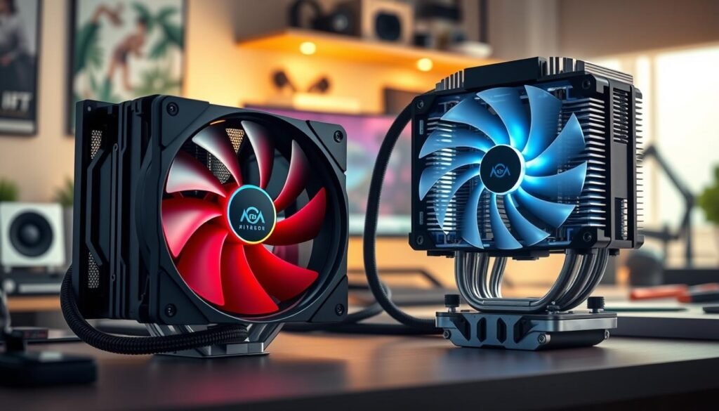 A detailed comparative illustration highlighting the differences between an air cooler and an all-in-one (AIO) liquid cooler, set in a modern tech workspace. In the foreground, showcase a sleek AIO 360mm liquid cooler with illuminated RGB fans, contrasted against a large, traditional air cooler with a rugged design and robust heat sinks. The middle ground should feature a clean desk with computer components and tools, while the background includes a blurred view of high-tech gadgets and a cozy, well-lit room. Soft, diffused lighting enhances the atmosphere, focusing on the coolers, captured from a slightly elevated angle to emphasize their sizes and designs. The mood should be informative yet inviting, illustrating the efficiency and aesthetics of different cooling solutions in PC building.