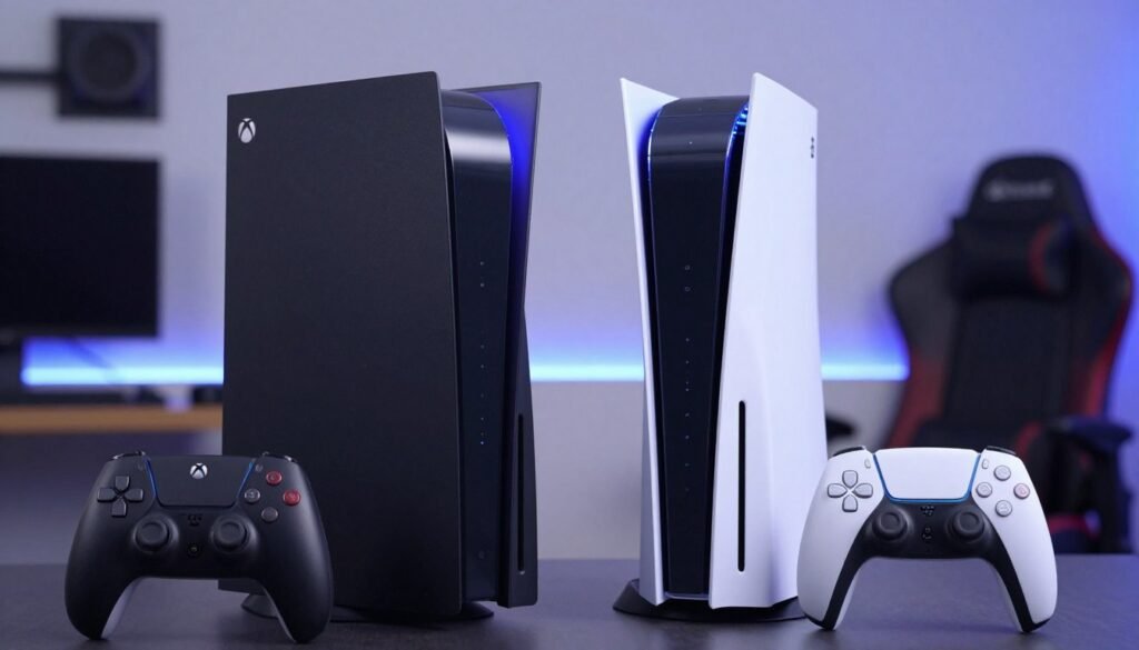 A detailed comparison image of the latest generation game consoles, Xbox Series X and PlayStation 5, prominently displayed side by side in a tech-savvy environment. The Xbox Series X is on the left, showcasing its sleek, vertical design, black finish, and subtle green accents, while the PlayStation 5 stands on the right, displaying its futuristic curves, white casing, and illuminated blue highlights. In the background, a blurred view of a modern gaming room with soft LED lighting creates a high-tech ambiance. The scene is shot with a medium-angle lens to emphasize both consoles equally, illuminated by soft, ambient lighting that highlights their features. The atmosphere conveys an energetic yet sophisticated vibe, perfect for a deep technical comparison.