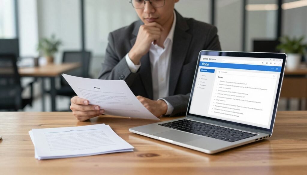 A detailed comparison of advantages and disadvantages of email domains, visually represented in a modern office setting. In the foreground, a sleek wooden desk with a laptop open, displaying an email interface. On one side of the desk, neatly arranged documents listing "Pros" like flexibility, professionalism, and unlimited storage; on the other side, "Cons" including potential costs, complexity, and reliability issues. In the middle ground, a business professional in smart attire thoughtfully analyzing the documents, with a contemplative expression. The background features a blurred view of an office with soft natural lighting, emphasizing a calm and focused atmosphere. The overall mood should be serious yet optimistic, highlighting the importance of informed decision-making.