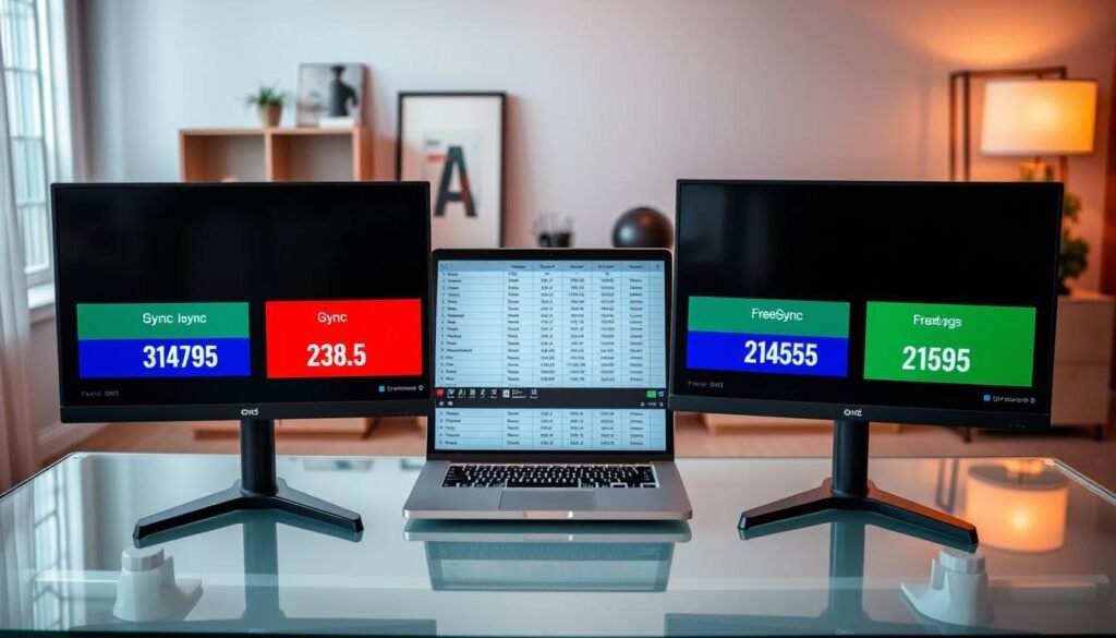 A detailed comparison of gaming monitors showcasing various prices, displayed in an elegant and modern setting. In the foreground, there are three gaming monitors side by side on a sleek glass desk, each labeled with clear price tags in vibrant colors. The middle ground features a soft-focused laptop open with a spreadsheet of specs, highlighting G-Sync and FreeSync features. The background includes minimalist decor, with a cozy study ambiance enhanced by warm lighting from a stylish lamp. The scene captures a professional yet inviting atmosphere, suggesting affordability and accessibility in gaming options. Use a wide-angle lens to emphasize depth, and maintain a harmonious color palette that resonates with tech enthusiasts. A detailed comparison of gaming monitors showcasing various prices, displayed in an elegant and modern setting. In the foreground, there are three gaming monitors side by side on a sleek glass desk, each labeled with clear price tags in vibrant colors. The middle ground features a soft-focused laptop open with a spreadsheet of specs, highlighting G-Sync and FreeSync features. The background includes minimalist decor, with a cozy study ambiance enhanced by warm lighting from a stylish lamp. The scene captures a professional yet inviting atmosphere, suggesting affordability and accessibility in gaming options. Use a wide-angle lens to emphasize depth, and maintain a harmonious color palette that resonates with tech enthusiasts.