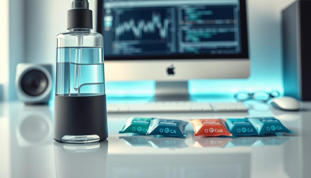 A detailed composition of a sophisticated oral spray cooling system positioned prominently in the foreground. The spray bottle features sleek, modern design elements with a matte finish and transparent sections showing the liquid inside. In the middle ground, several small, colorful cooling gel packets are arranged neatly, illustrating the key ingredients that contribute to the spray’s effectiveness. The background depicts a tech-themed workspace with a computer setup, softly lit to create a cool, calming atmosphere. The lighting highlights the product’s reflective surfaces, casting subtle shadows to add depth. The overall mood suggests innovation and efficiency, showcasing these passive cooling solutions without any distractions, all while maintaining a professional tone in the design. A detailed composition of a sophisticated oral spray cooling system positioned prominently in the foreground. The spray bottle features sleek, modern design elements with a matte finish and transparent sections showing the liquid inside. In the middle ground, several small, colorful cooling gel packets are arranged neatly, illustrating the key ingredients that contribute to the spray’s effectiveness. The background depicts a tech-themed workspace with a computer setup, softly lit to create a cool, calming atmosphere. The lighting highlights the product’s reflective surfaces, casting subtle shadows to add depth. The overall mood suggests innovation and efficiency, showcasing these passive cooling solutions without any distractions, all while maintaining a professional tone in the design.